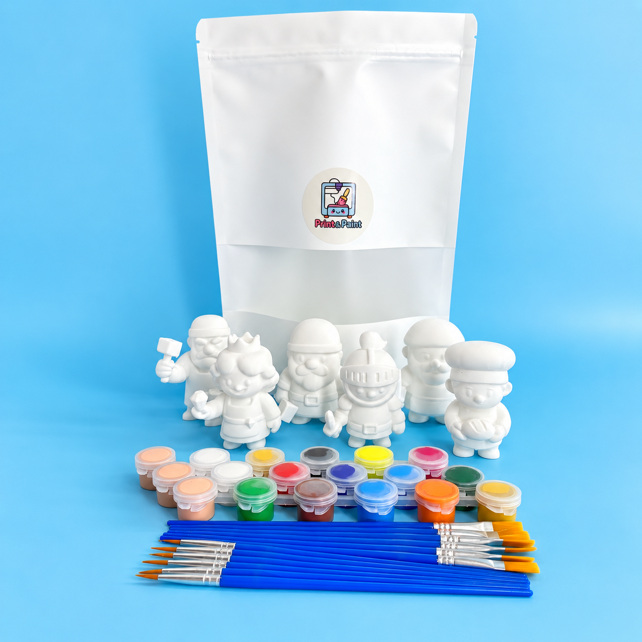 Village themed 3D printed painting party kit with six figurines and paint supplies